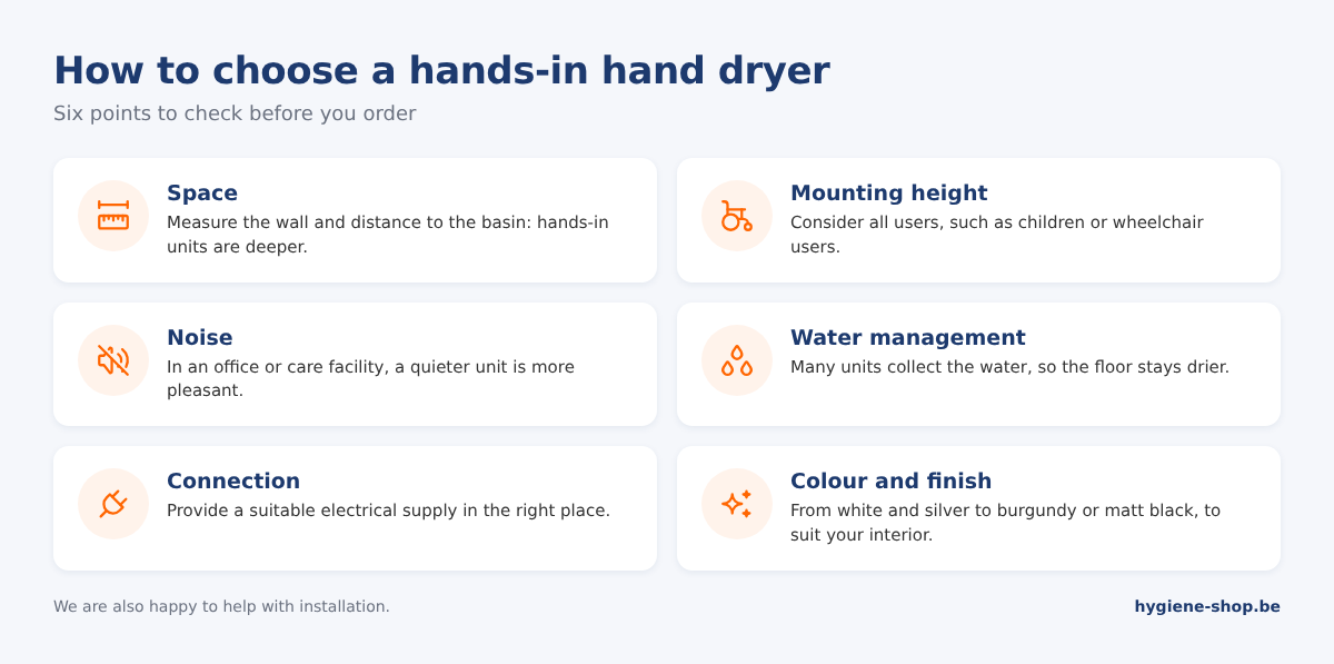 Checklist for choosing a hands-in hand dryer: space, mounting height, noise, water management, electrical connection and colour