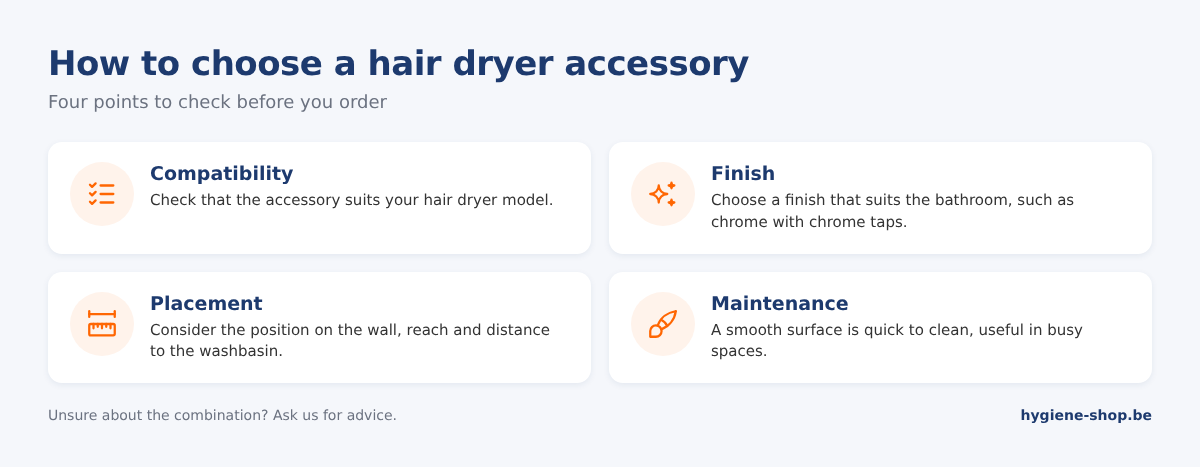 Checklist for choosing an accessory for a wall-mounted hair dryer: compatibility, finish, position on the wall and maintenance
