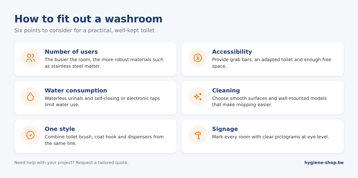 Six points to consider when fitting out a washroom: users, accessibility, water consumption, cleaning, consistent style and signage