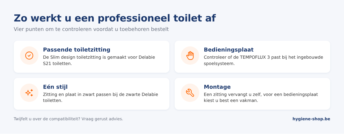Checklist voor toilet accessoires: toiletzitting voor S21 toiletten, bedieningsplaat TEMPOFLUX 3, kleur en stijl afstemmen en onderhoud