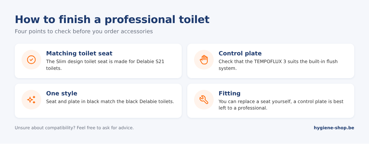 Checklist for toilet accessories: seat for S21 toilets, TEMPOFLUX 3 control plate, matching colour and style, and fitting