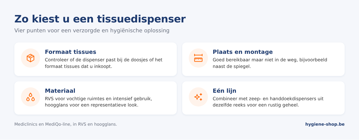 Keuzehulp voor een dispenser voor gezichtsdoekjes: formaat van de tissues, plaats en montage, materiaal en een uniforme lijn