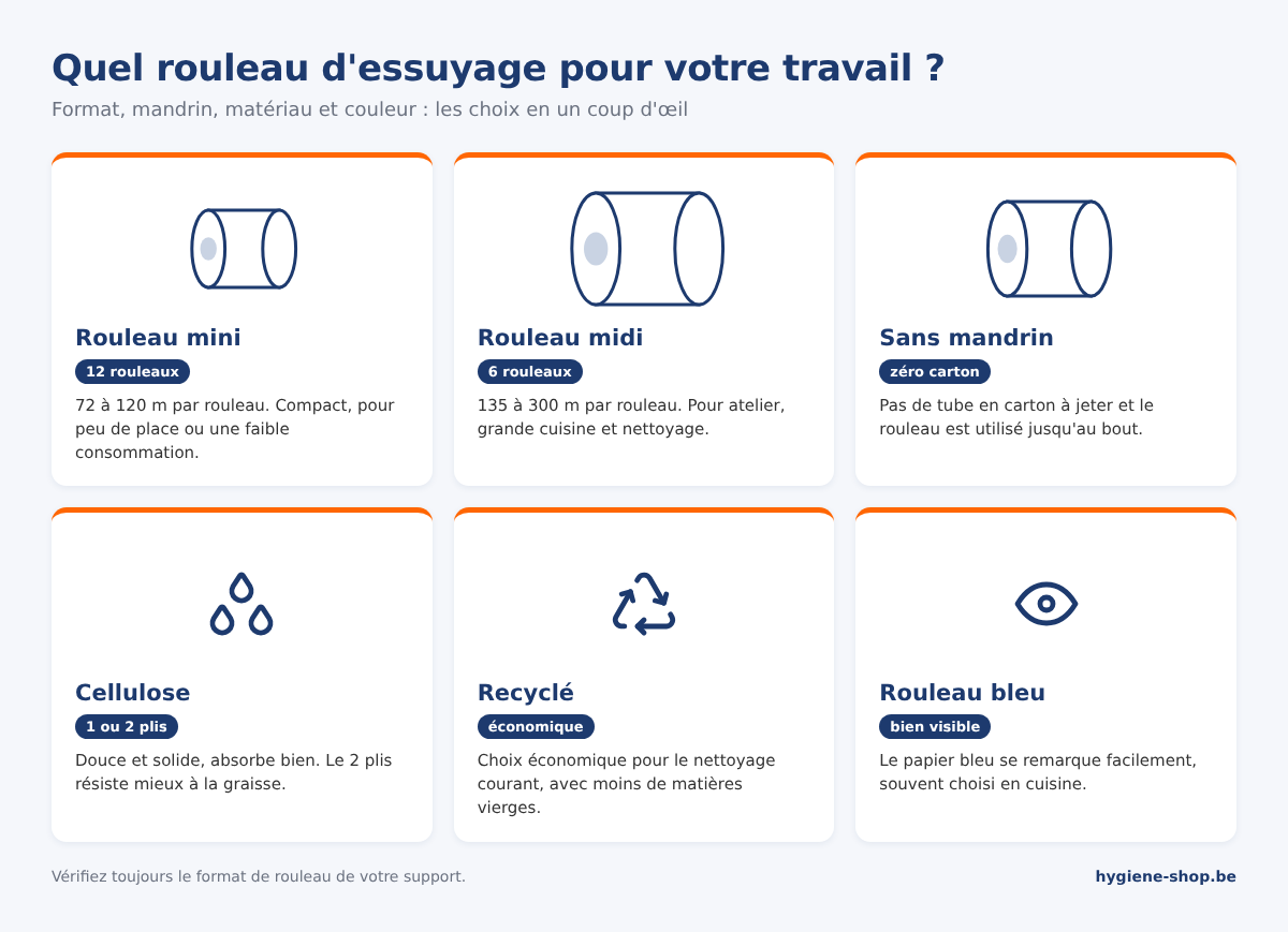 Aperçu des rouleaux d'essuyage : rouleaux mini et midi, sans mandrin, en cellulose, en papier recyclé et rouleaux bleus