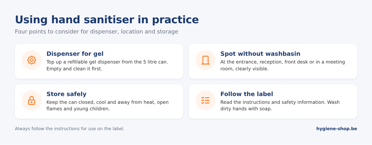 Four points to consider for hand sanitiser: a refillable gel dispenser, a visible spot without a washbasin, safe storage and following the label