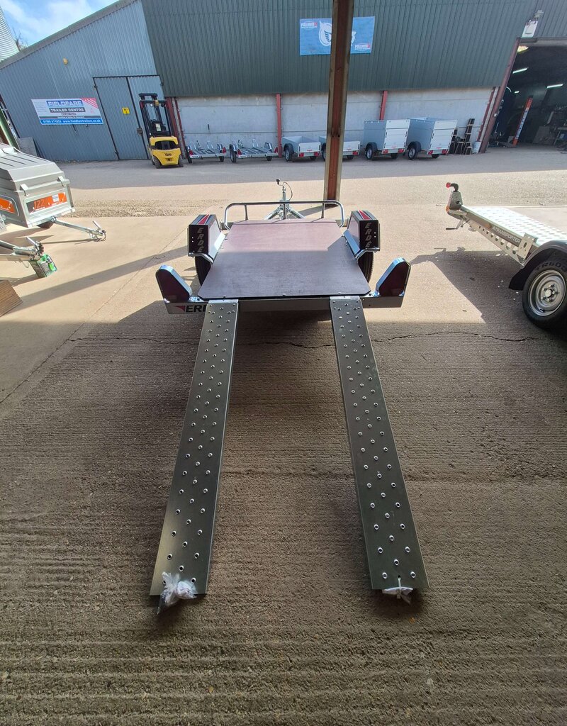 Erde Ch451 Trailer with flat floor and Twin 1.5m Loading Ramps, Mobility scooter, Quadbike