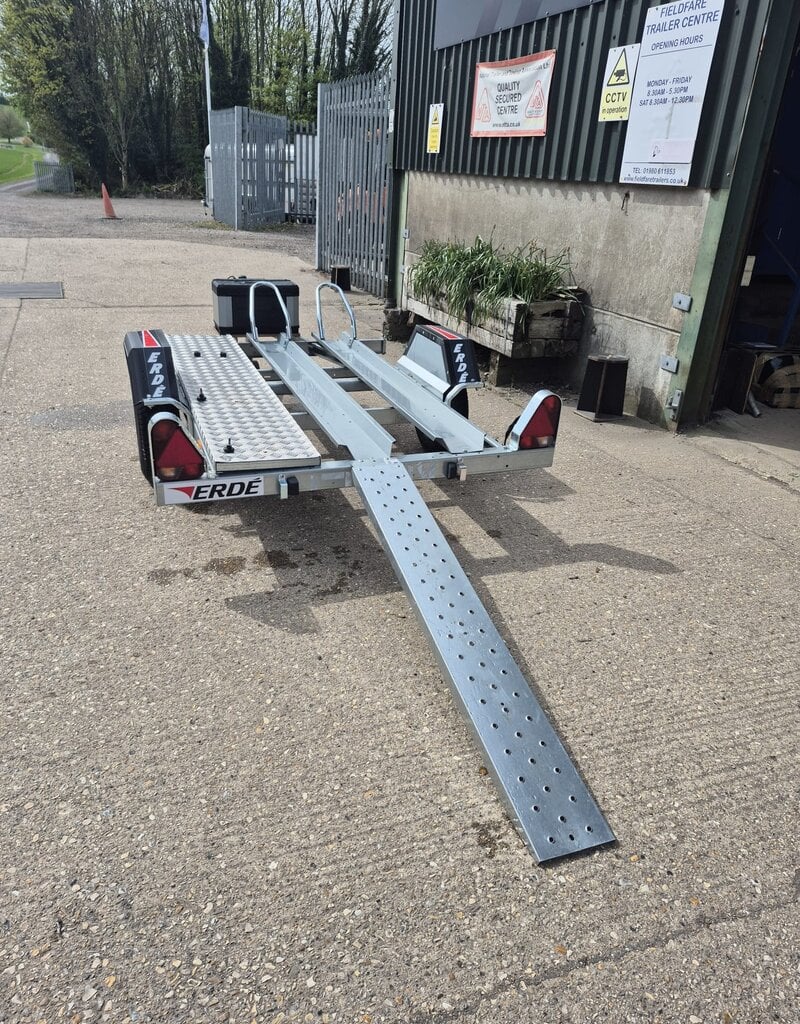Used Erde Ch451 Double Bike Trailer with 1.5m Loading Ramp, Spare Wheel, Tool Box, Chequer Plate Floor Step