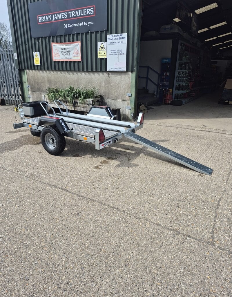 Used Erde Ch451 Double Bike Trailer with 1.5m Loading Ramp, Spare Wheel, Tool Box, Chequer Plate Floor Step