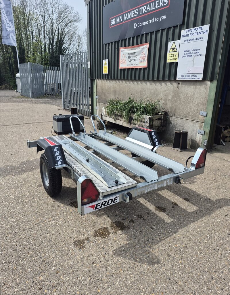Used Erde Ch451 Double Bike Trailer with 1.5m Loading Ramp, Spare Wheel, Tool Box, Chequer Plate Floor Step