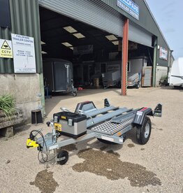 Used Erde Ch451 Double Bike Trailer with 1.5m Loading Ramp, Spare Wheel, Tool Box, Chequer Plate Floor Step