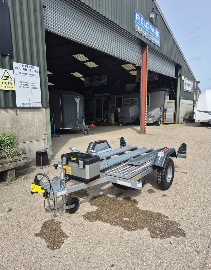 Used Erde Ch451 Double Bike Trailer with 1.5m Loading Ramp, Spare Wheel, Tool Box, Chequer Plate Floor Step