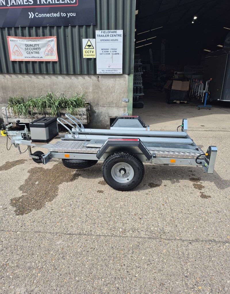 Used Erde Ch451 Double Bike Trailer with 1.5m Loading Ramp, Spare Wheel, Tool Box, Chequer Plate Floor Step