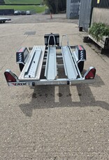 Used Erde Ch451 Double Bike Trailer with 1.5m Loading Ramp, Spare Wheel, Tool Box, Chequer Plate Floor Step