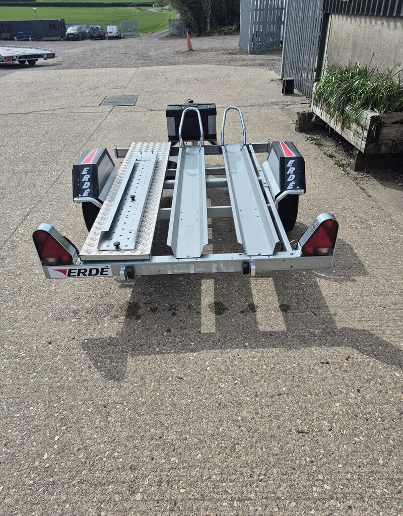 Used Erde Ch451 Double Bike Trailer with 1.5m Loading Ramp, Spare Wheel, Tool Box, Chequer Plate Floor Step