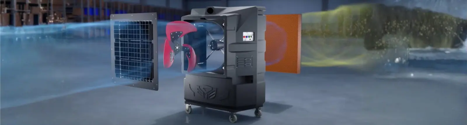 Rex Nordic commercial evaporative air cooler in a large industrial workspace