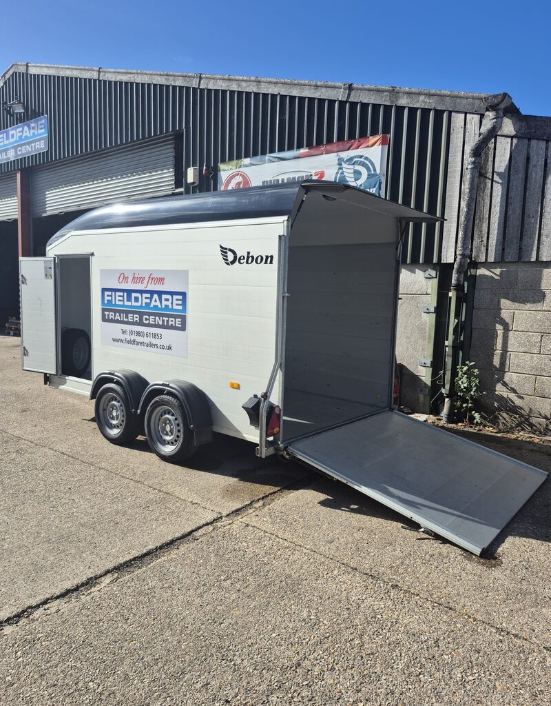 Debon Ex Hire Debon C700 Twin Axle Box trailer Rear Ramp, Side Door & Spare Wheel 2600kg GVW 3760mm x 1790mm x 2010mm