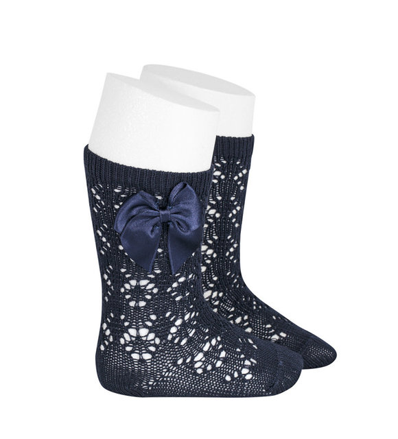 Condor Condor Opengewerkte Kniekousen met Strik Donkerblauw