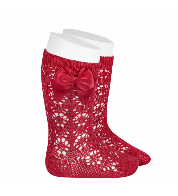 Condor Opengewerkte kniekousen met strik rood