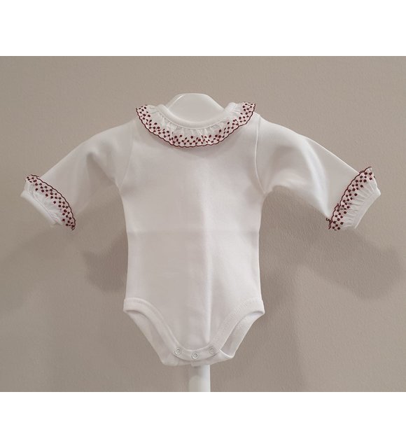 Babidu Babidu Romper met Broderie Kraagje Wit/Bordeaux