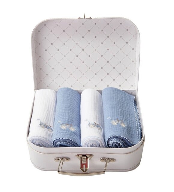 Théophile & Patachou 4 geborduurde tetra doek 70x70 + koffertje wit/blauw Théophile & Patachou 4 geborduurde tetra doek 70x70 + koffertje wit/blauw