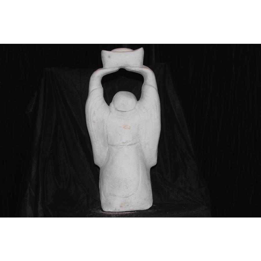 Betonnen beeld lachende Boeddha met handen omhoog voor tuin of terras-4