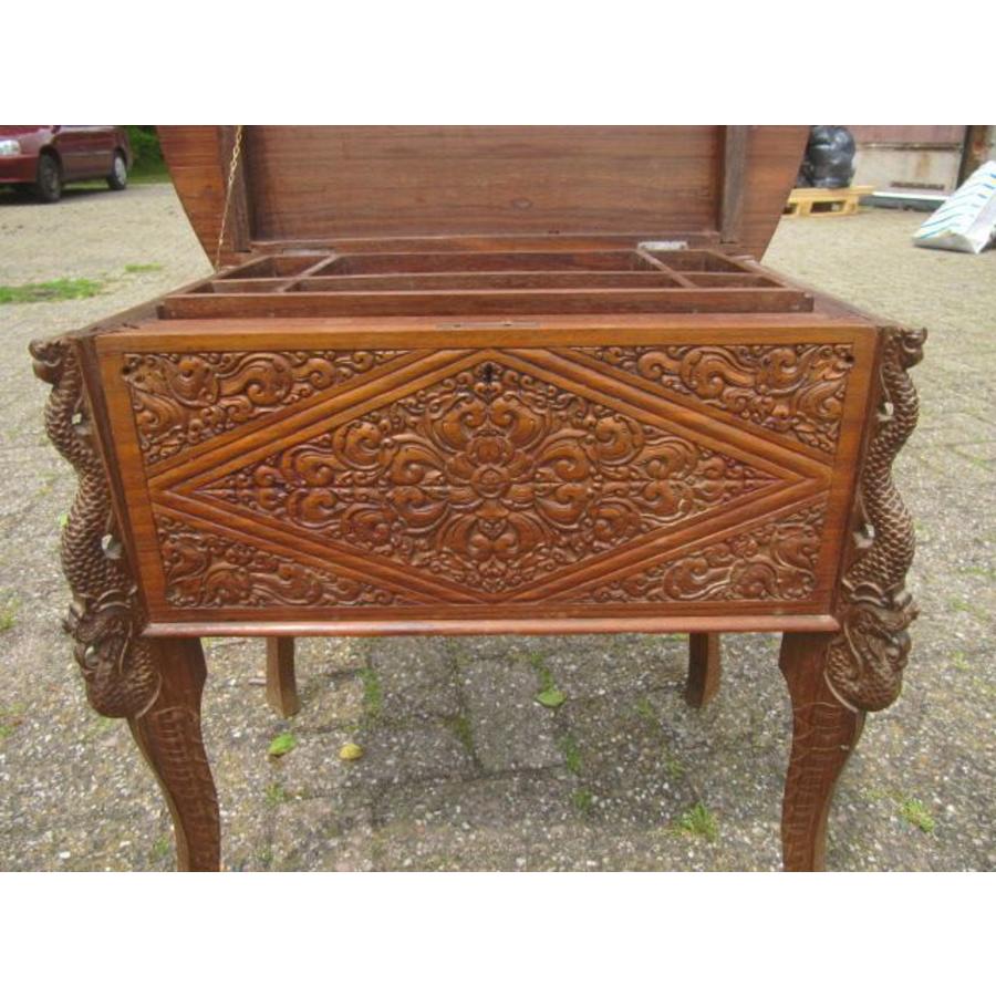 Antieke naaikist uit 1920 met sierlijk houtsnijwerk en vakverdeling-5