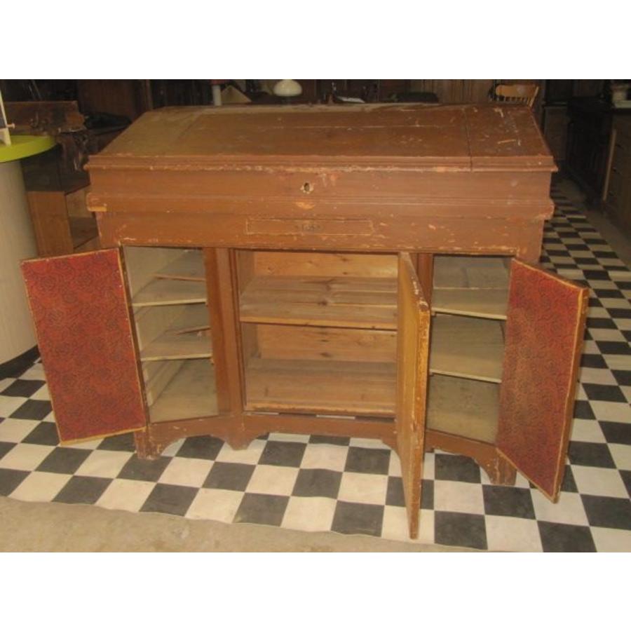 Antiek grenen sta-bureau – Toonbank met kastjes, laden en klep-3