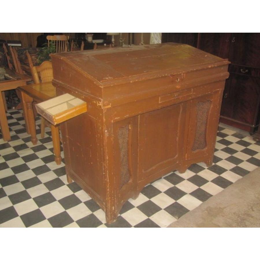 Antiek grenen sta-bureau – Toonbank met kastjes, laden en klep-4