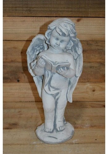 Betonnen beeld staande engel met boek 