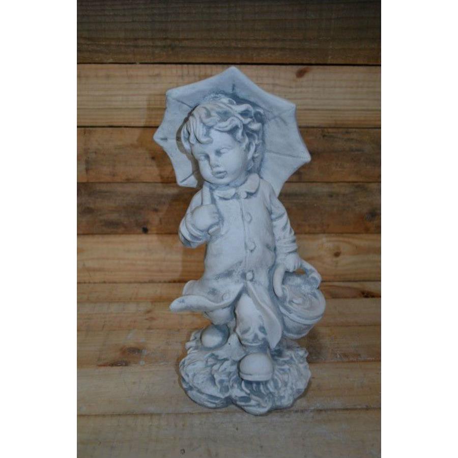 Betonnen beeld jongetje met paraplu en mandje voor tuin of vensterbank-1