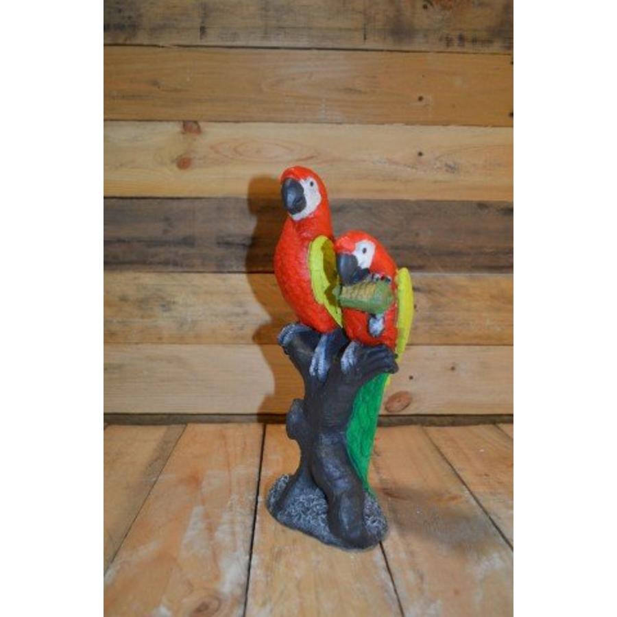 Betonnen beeld papegaaien – Twee ara’s op boomstronk tuinornament-2