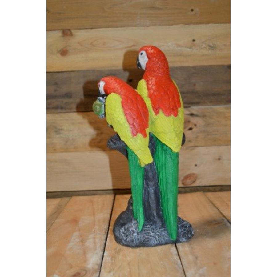 Betonnen beeld papegaaien – Twee ara’s op boomstronk tuinornament-3
