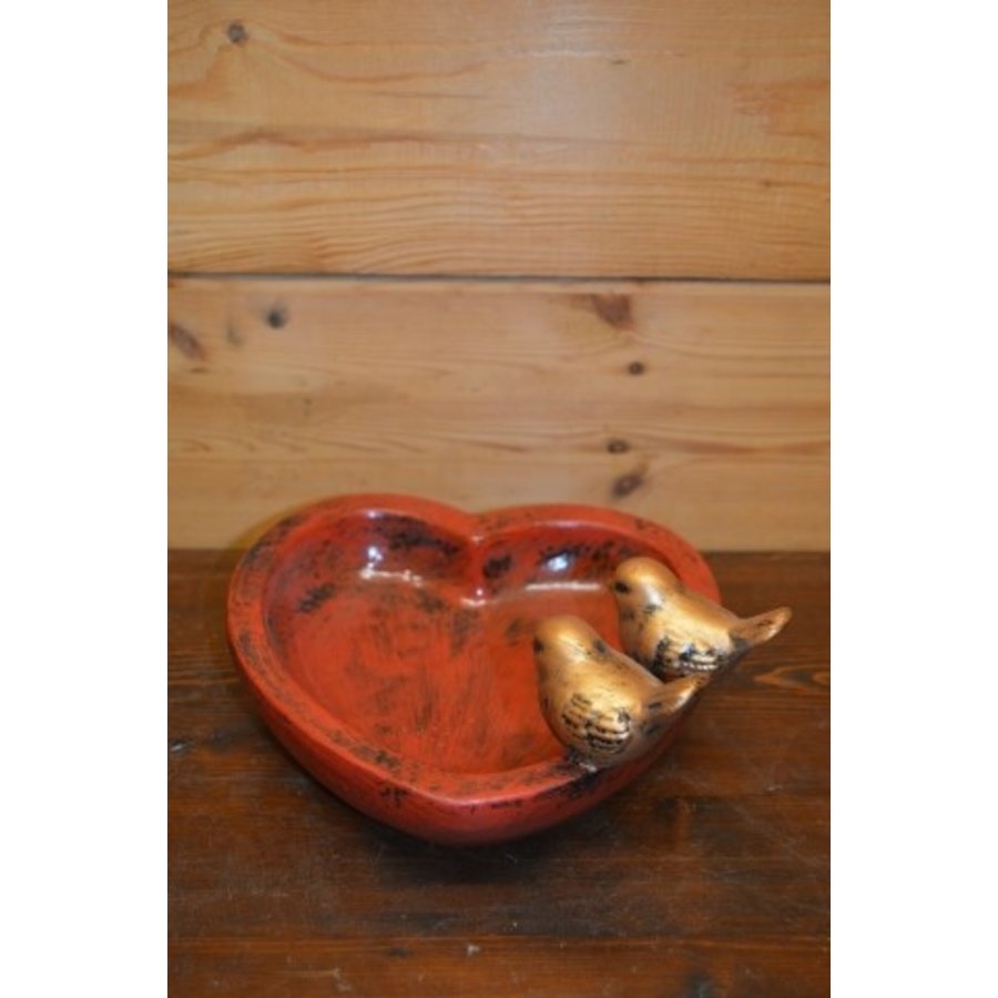 Hartvormig rood waterbakje met twee goudkleurige vogeltjes – polyester decoratie voor tuin of balkon-1