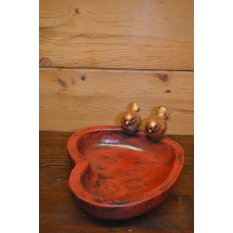 Hartvormig rood waterbakje met twee goudkleurige vogeltjes – polyester decoratie voor tuin of balkon-2
