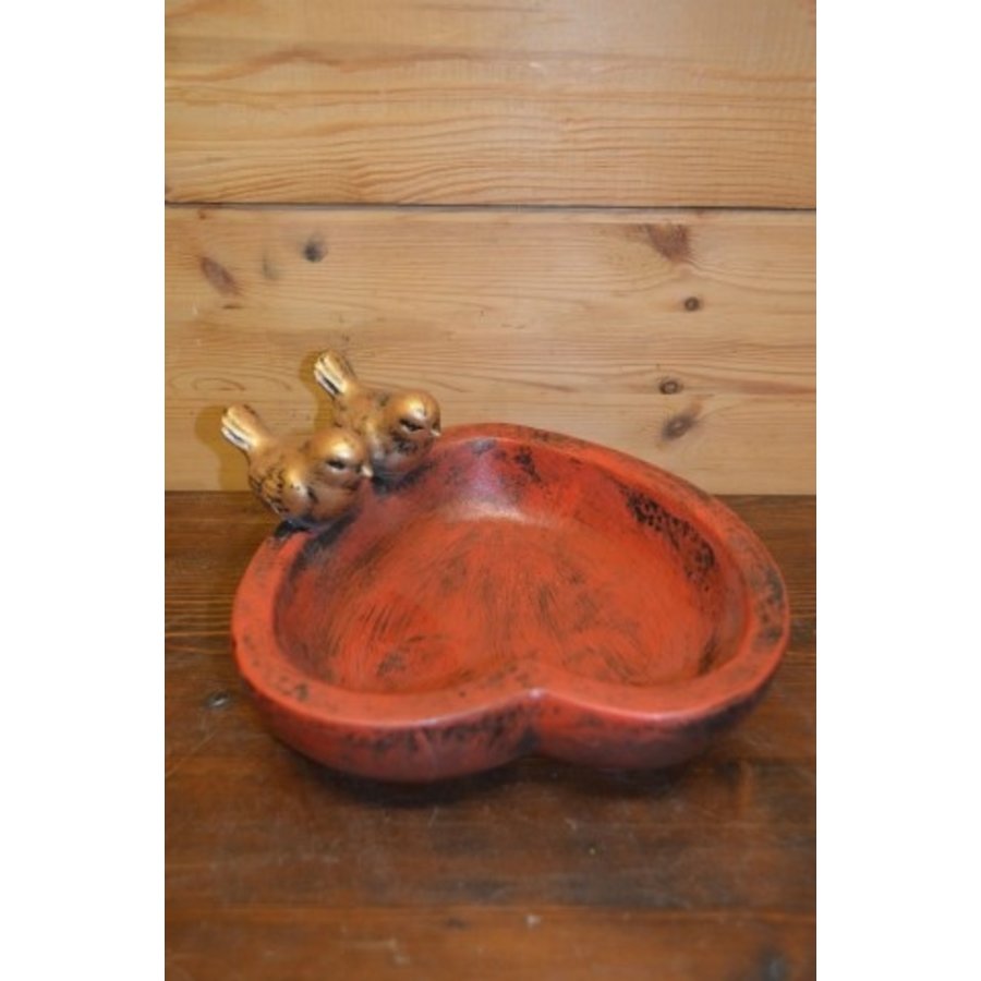 Hartvormig rood waterbakje met twee goudkleurige vogeltjes – polyester decoratie voor tuin of balkon-3