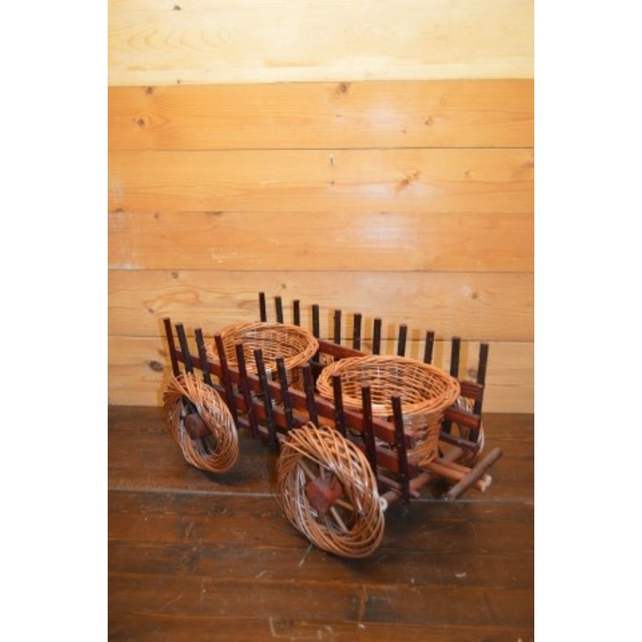 Decoratief wilgentenen karretje met 2 plantenmandjes – Voor vensterbank, terras of balkon-2