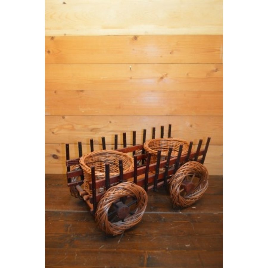 Decoratief wilgentenen karretje met 2 plantenmandjes – Voor vensterbank, terras of balkon-3