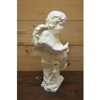 thumb-Engel met boomblad op kleine pilaar – Polyester tuinbeeld voor binnen en buiten-2