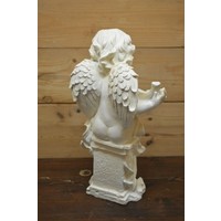 thumb-Engel met boomblad op kleine pilaar – Polyester tuinbeeld voor binnen en buiten-3