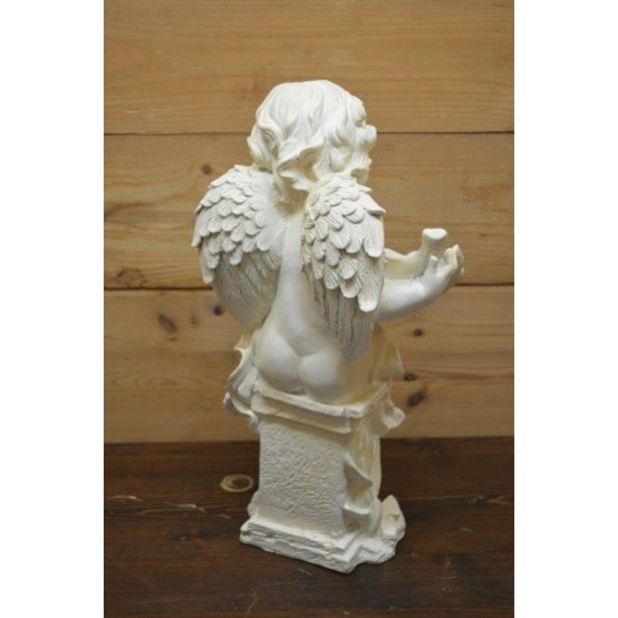 Engel met boomblad op kleine pilaar – Polyester tuinbeeld voor binnen en buiten-3