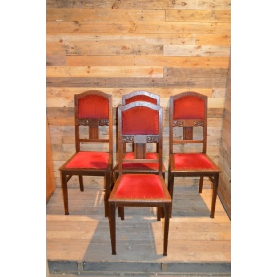 Kent Inzet Afrikaanse 4 stoelen oud eiken met rode stof │ Brocante│ Loodsvol.com - Loodsvol.com