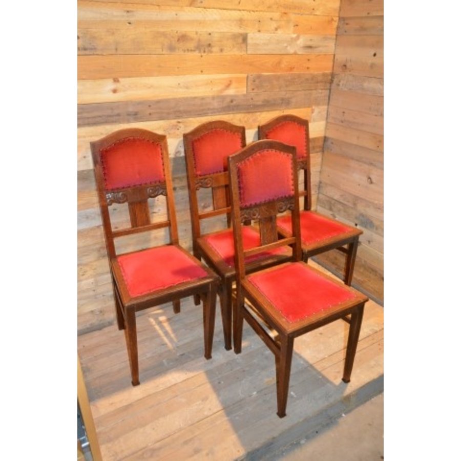 4 stoelen oud eiken met rode stof-2