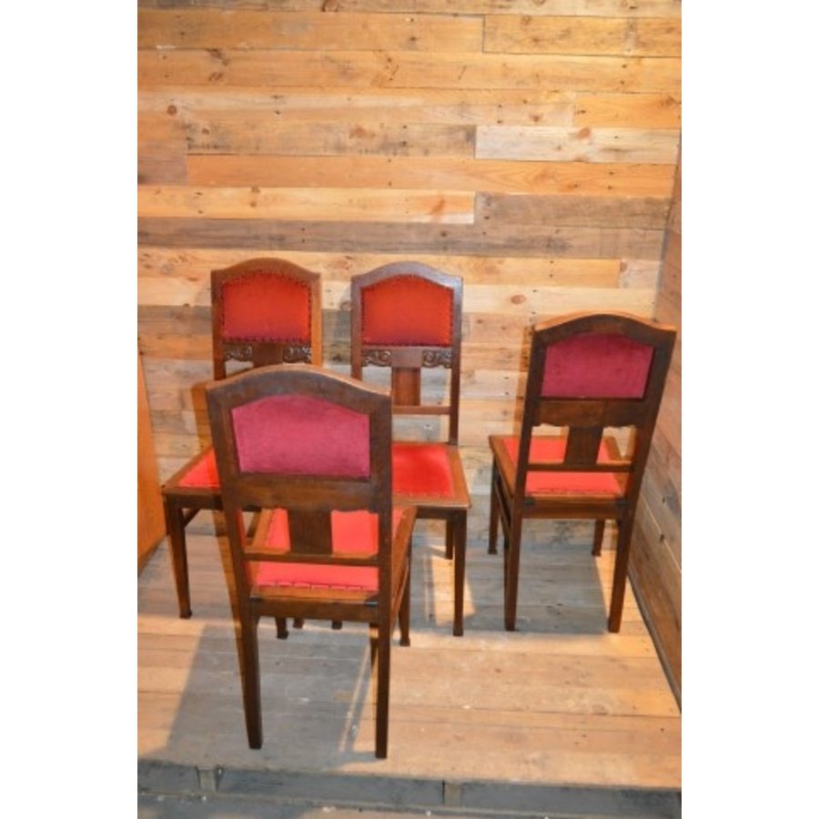 4 stoelen oud eiken met rode stof-4