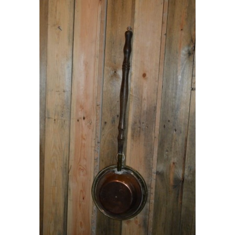 Vintage koperen bedstoof met eiken steel-3