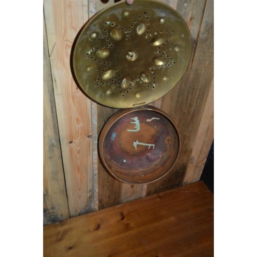 Vintage koperen bedstoof met eiken steel-3
