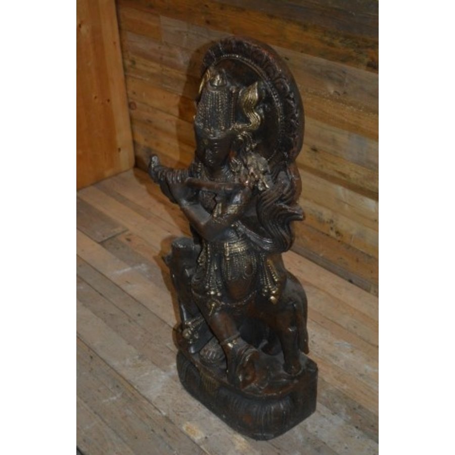 Betonnen beeld van Krishna op koe – sierlijk Hindoestaanse godenbeeld voor binnen of buiten-4