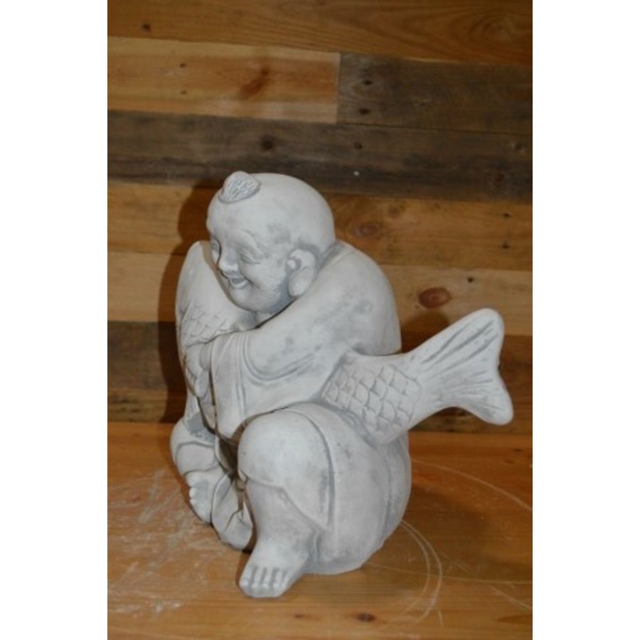 Betonnen Shaolin Boeddha met Koi karper tuinbeeld-6