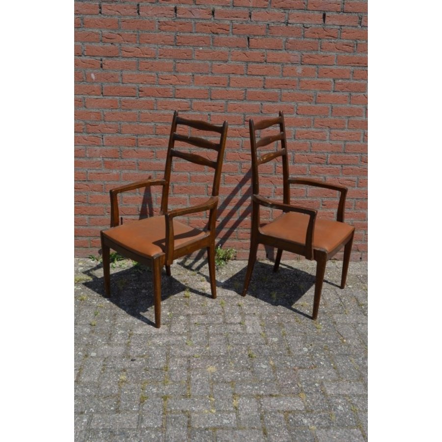 Twee vintage design mahonie houten armstoelen met leren zitting-3