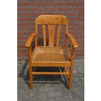 thumb-Schitterende vintage armstoel van beukenhout met biezen zitting-2