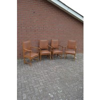 thumb-Set van 4 massief eiken stoelen met armleuningen en bruin leren bekleding-1