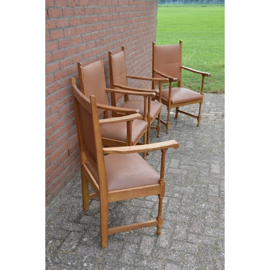 Set van 4 massief eiken armstoelen met leren bekleding-2